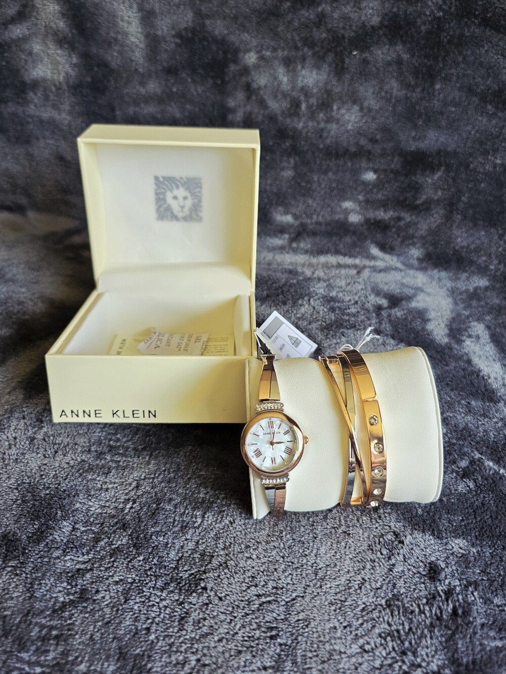 New Anne Klein Women's Bangle Watch with Bracelet Set Rose Gold & silver tone
